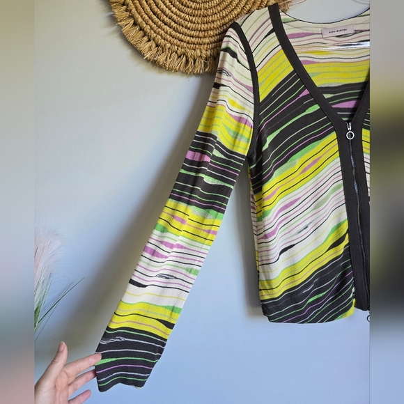 Aldo Martins, Multi Abstract V-neck Zip Front Stretch Knit Cardigan, SZ 10 - Picture 4 of 11